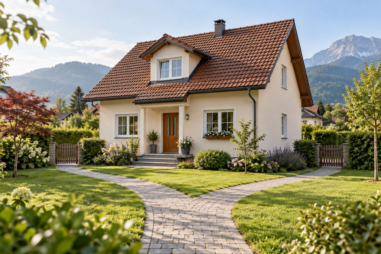 Vollständig sichtbares Wohnhaus mit Garten und zwei Wegen durch die Grünfläche